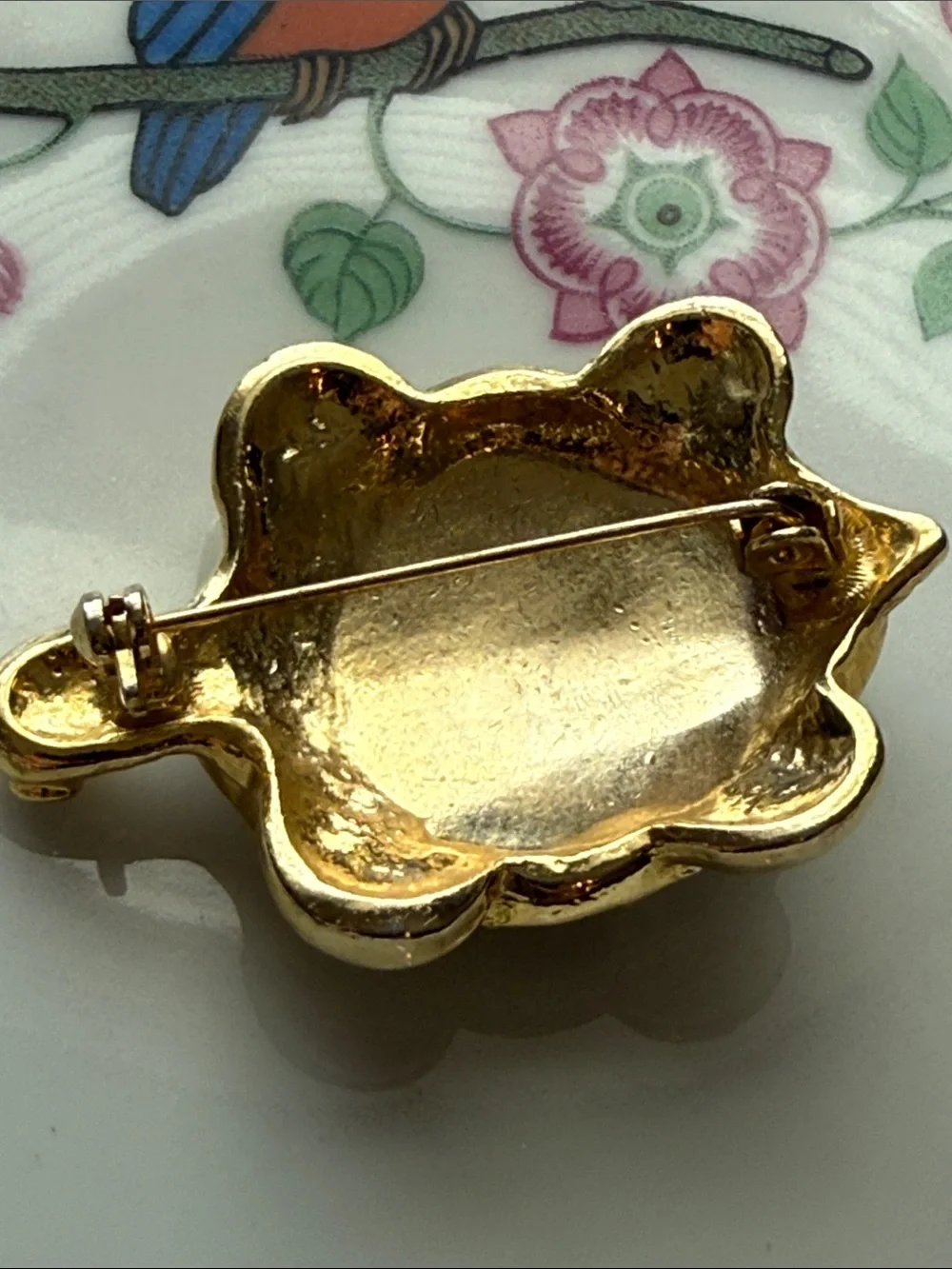 Gold Turtle Brooch Dark Blue Enamel & Green and Rhinestones pin unsigned